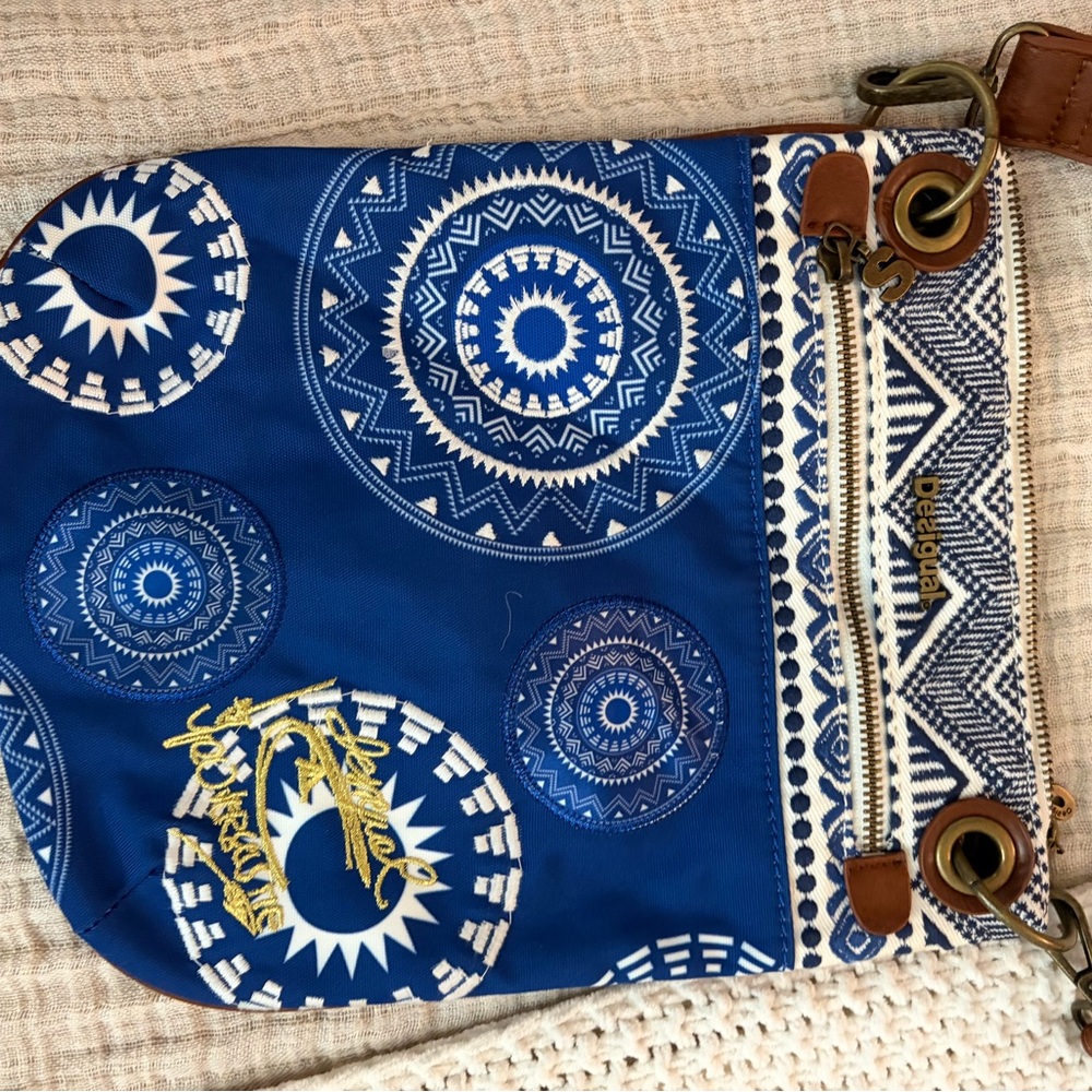 Desigual Blue and White Patterned Crossbody with Gold Logo